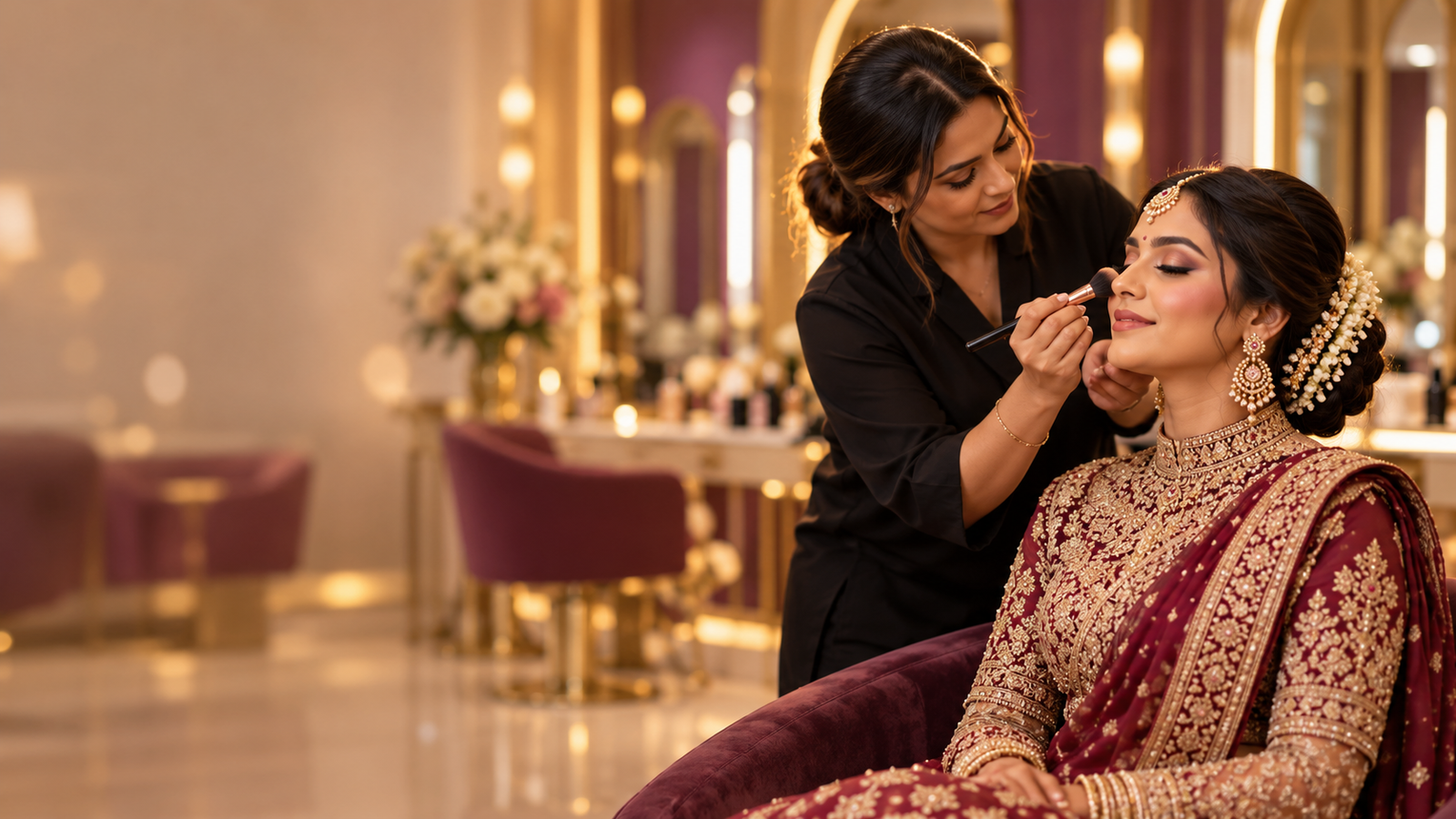 Bridal makeup artistry in a luxury salon