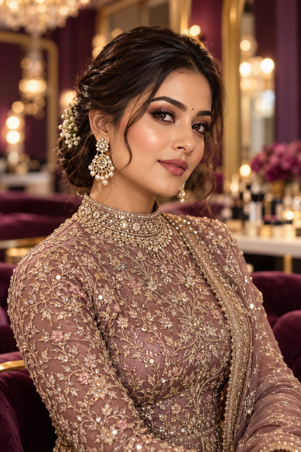Elegant occasion makeup with a modest high-neck embroidered outfit